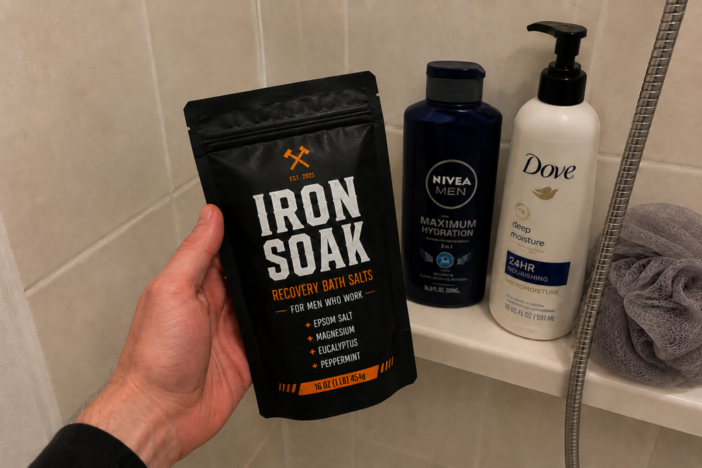 Mike T. holding Iron Soak Recovery Bath Salts