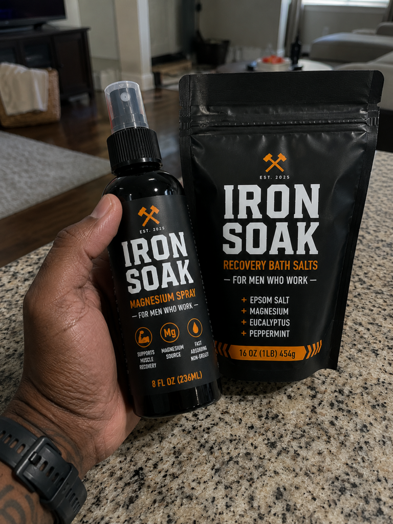 Parker A. holding Iron Soak spray and bath salts